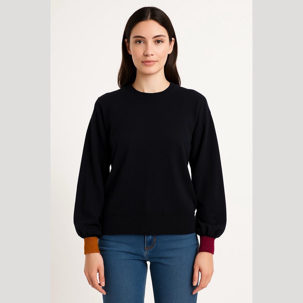 3/$10 Hinge Navy Blue Crewneck Sweater with Colorful Cuffs